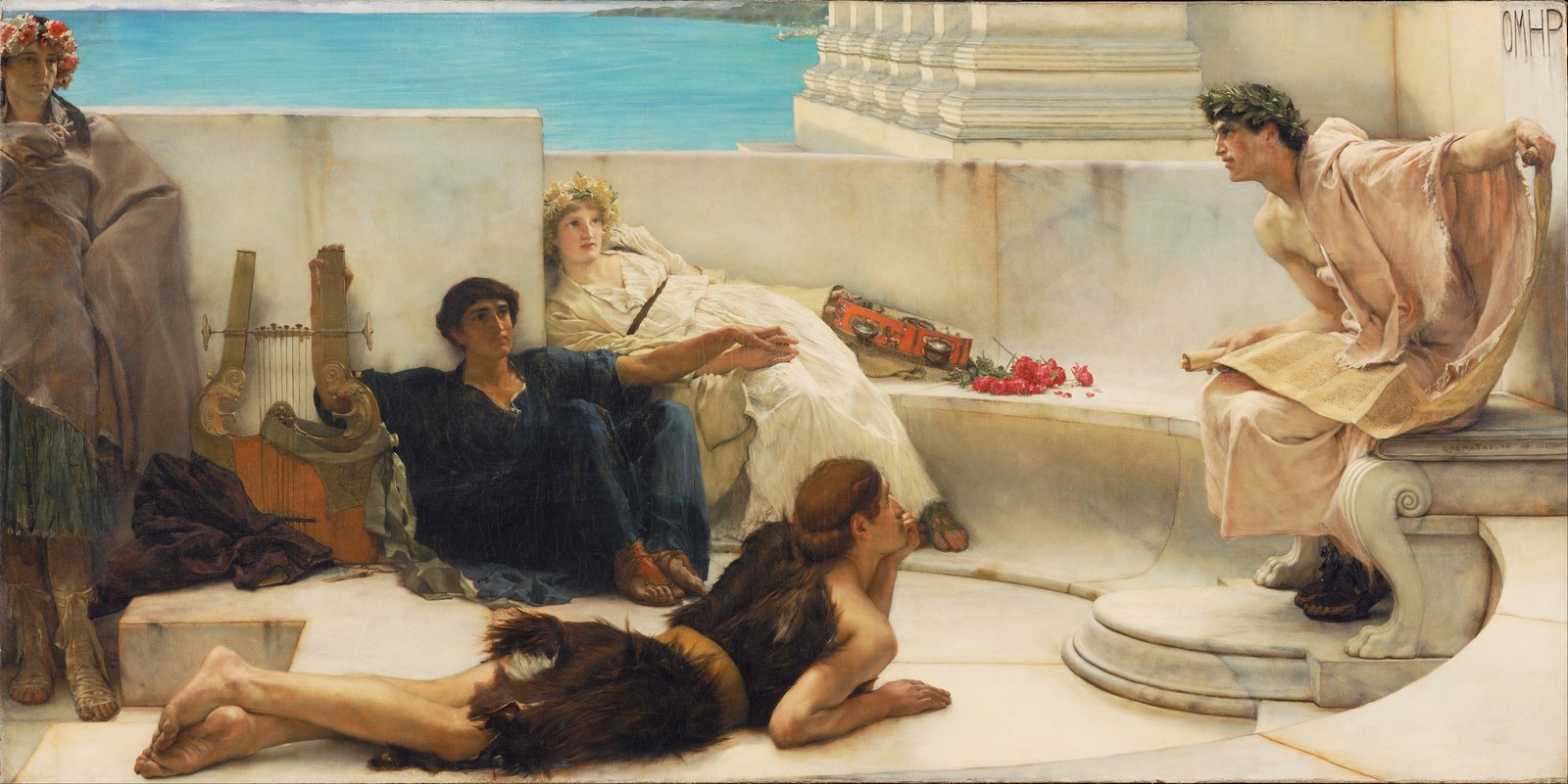 A laurel-crowned reader performing Homer aloud to listeners reclining on a marble bench above the sea.
