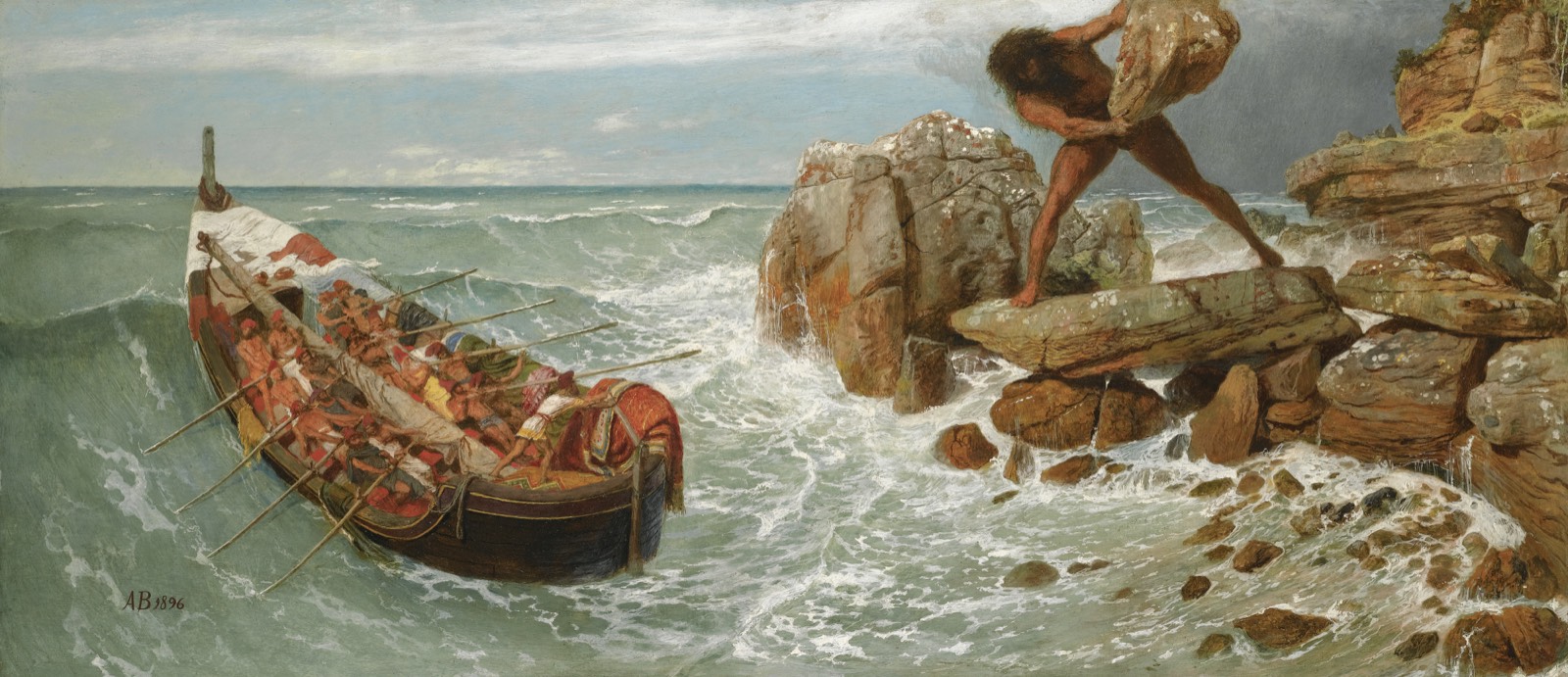 A dramatic painting of Odysseus in his ship escaping the Cyclops Polyphemus, who hurls a boulder from a cliff above the sea.