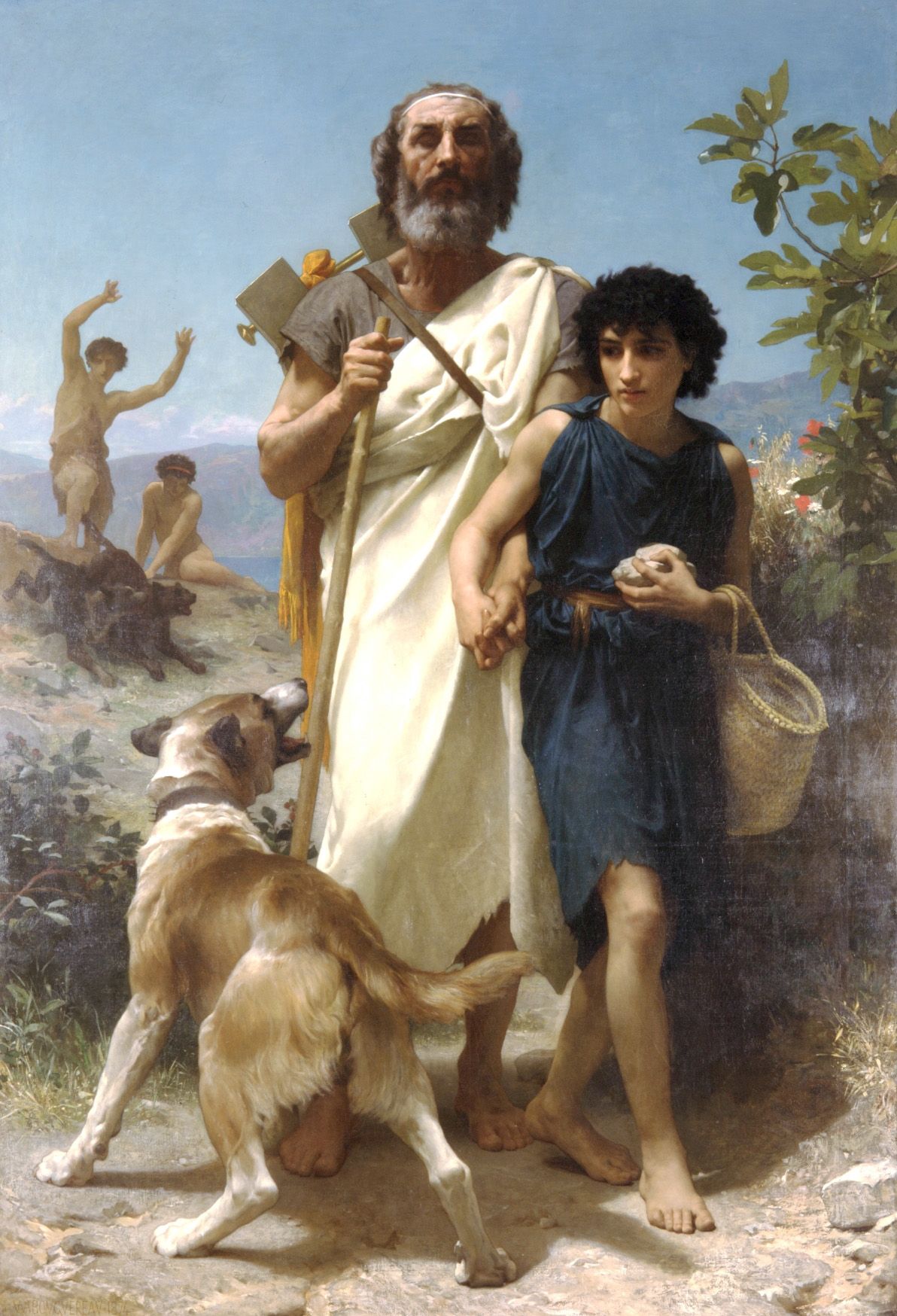 The poet Homer led along a rocky path, telling his tale.