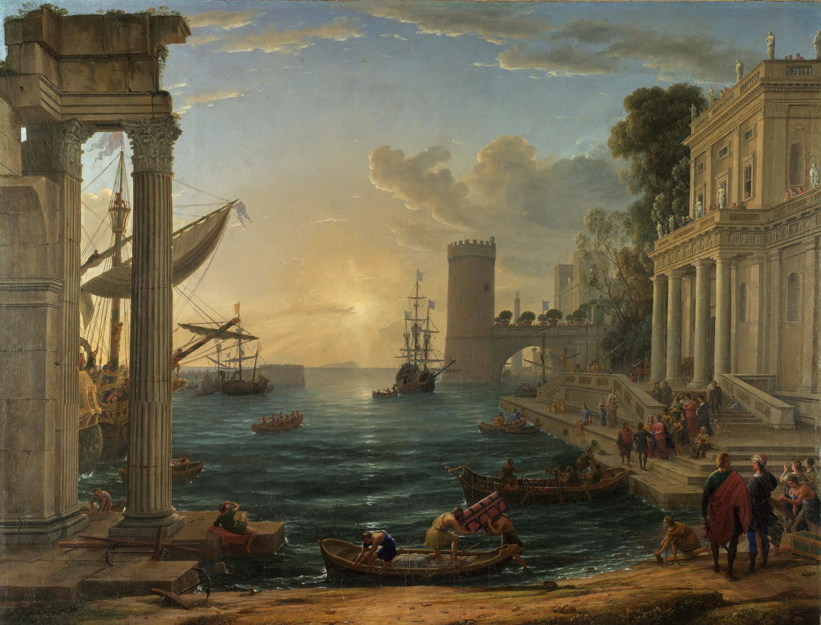 Claude Lorrain's luminous painting of a classical harbor at dawn, figures embarking as tall ships prepare to sail.