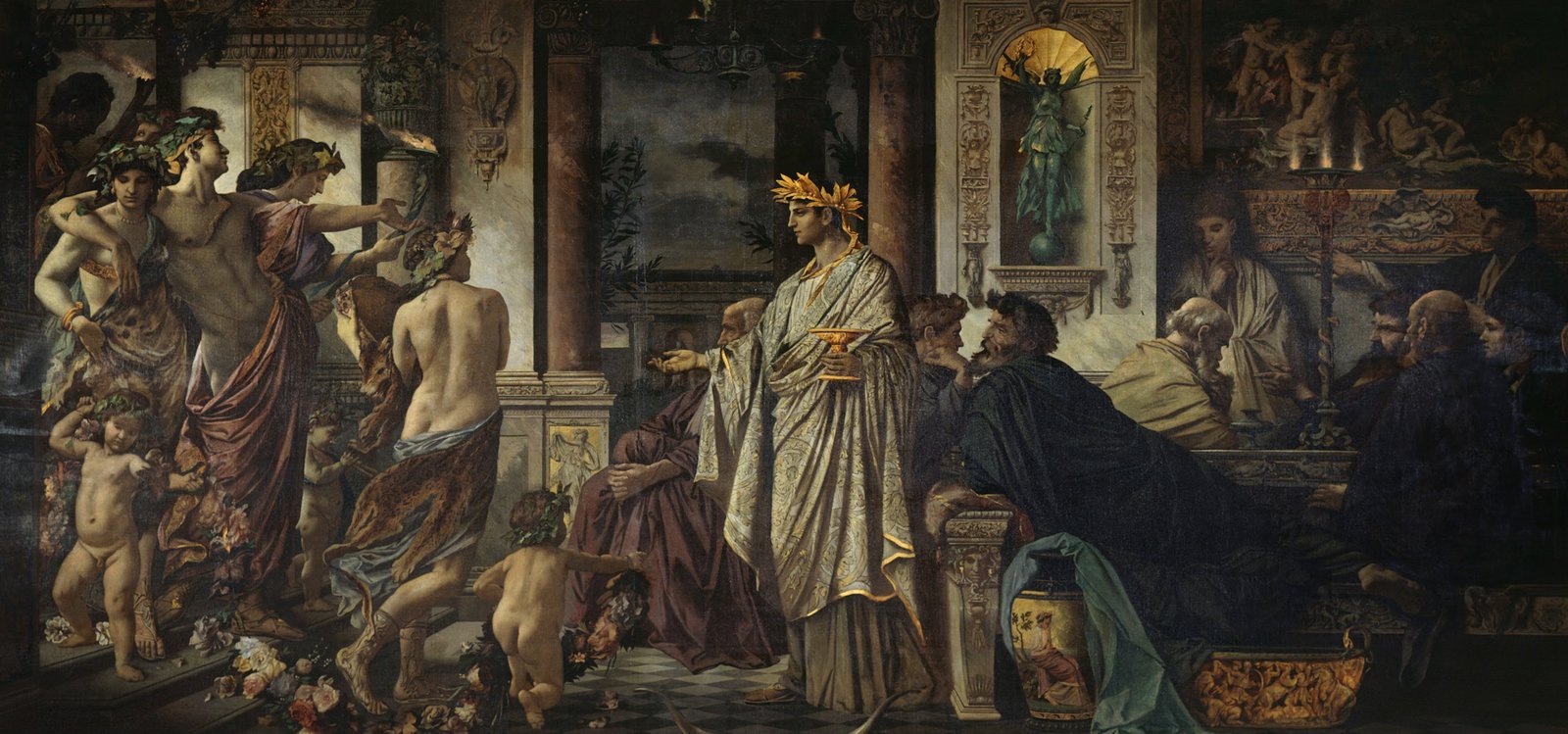 Feuerbach's painting of a candlelit ancient Greek symposium, a crowd of revelers arriving at a banquet.