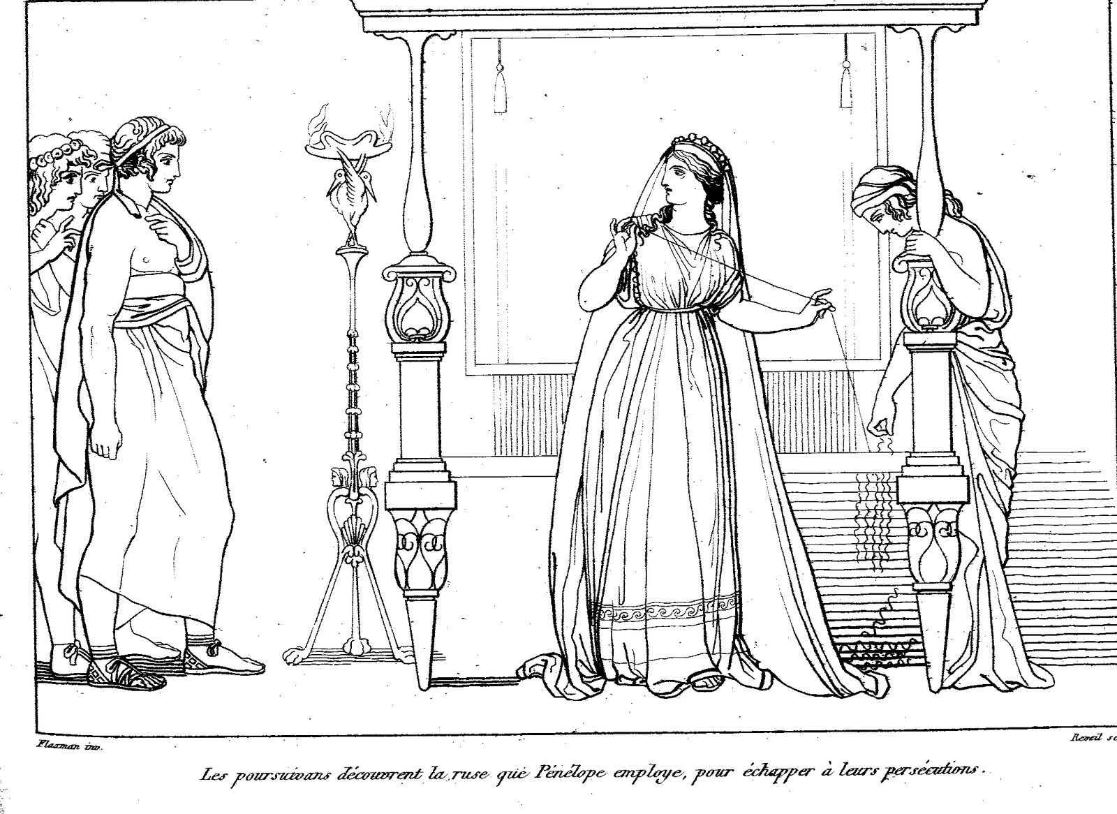 Flaxman's spare neoclassical line engraving of a scene from the Odyssey, Penelope at her loom among the suitors.