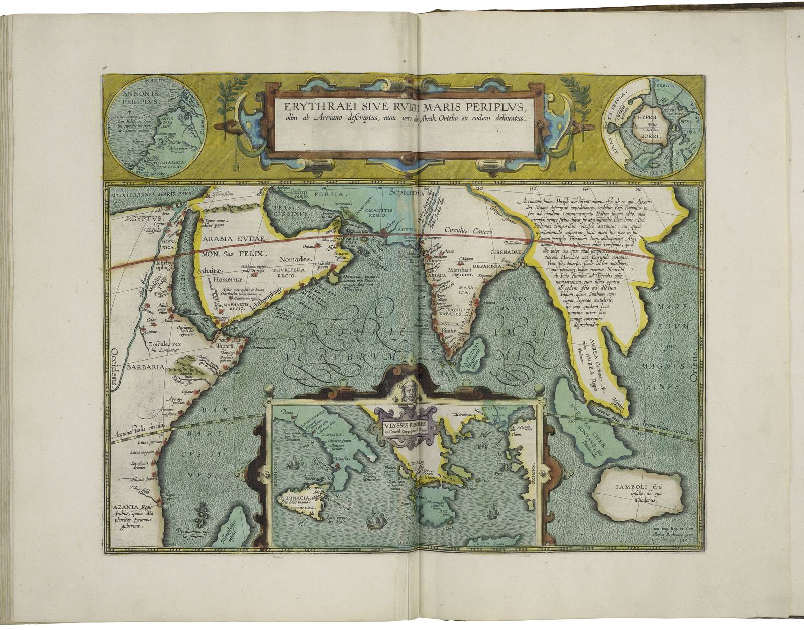 A 16th-century engraved map tracing Odysseus's route around the Mediterranean, with sea monsters drawn in the margins.