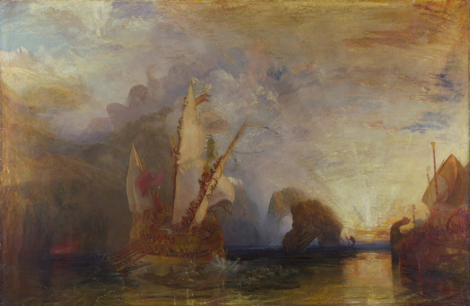 Turner's stormy sunlit sea with a blinded giant looming in the clouds.