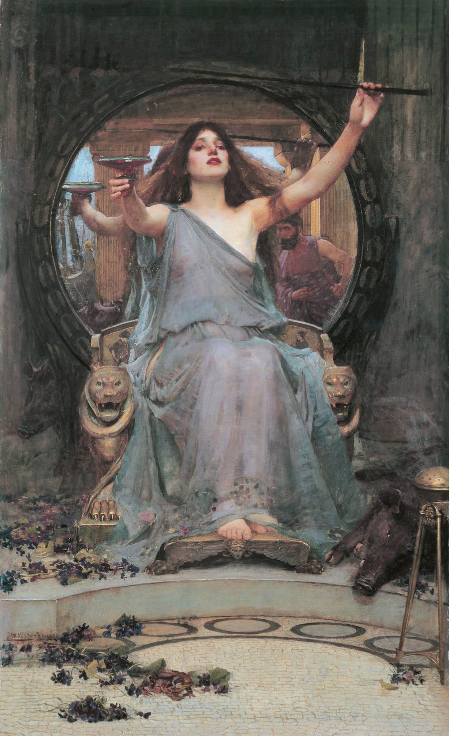 Waterhouse's painting of the enchantress Circe enthroned, holding out a cup to Odysseus, whose small reflection appears in the mirror behind her.
