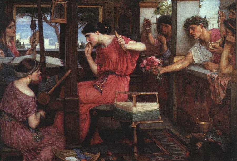 Waterhouse's painting of Penelope at her loom, her back turned to the suitors crowding the window behind her.