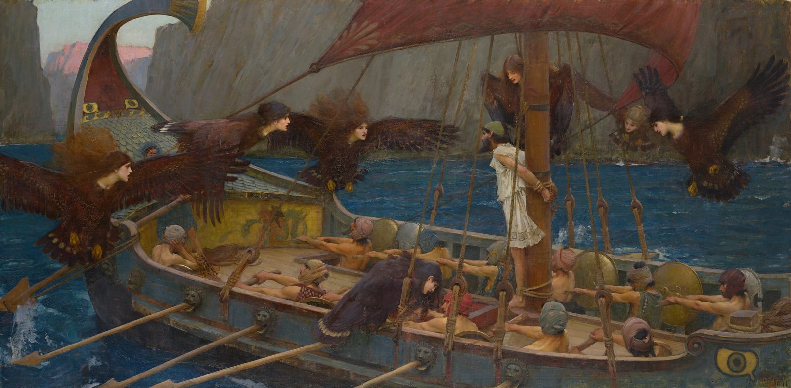 Waterhouse's painting of the Sirens as bird-women circling Odysseus, who is lashed to the mast of his ship.